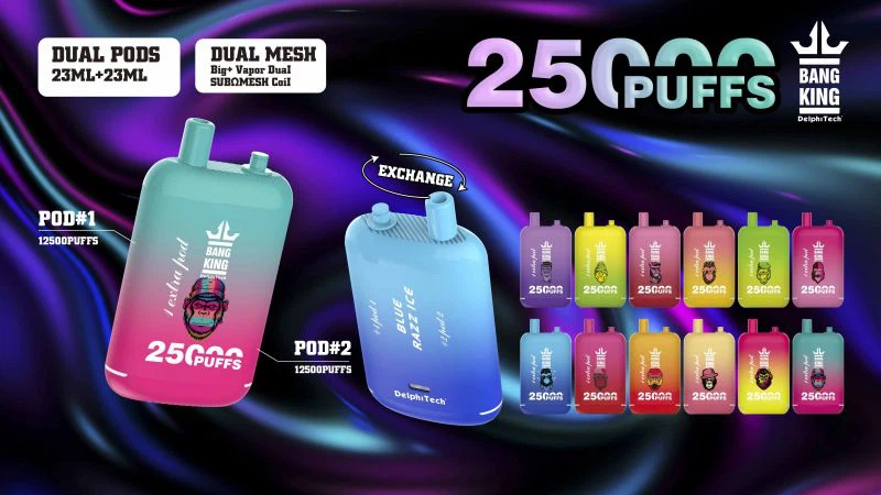 Werbebanner für Bang King Vape Pods mit zwei großen Dual-Pod-Geräten mit leuchtendem Blaugrün/Rosa und leuchtendem Blau mit der Aufschrift POD #1 und POD #2, einer Reihe kleiner bunter Pods auf der rechten Seite und einem wirbelnden violetten Hintergrund.